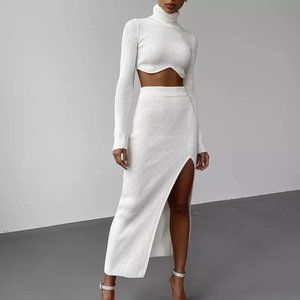 House of CB Fernanda White Ribbed Top And Midi Skirt Set For Women's